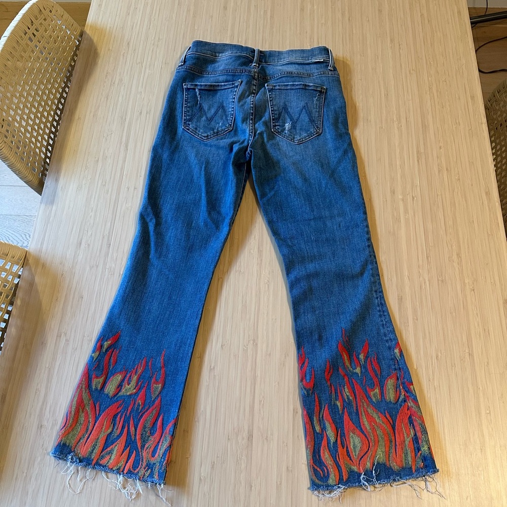 MOTHER Light Blue Flare Jeans with Red & Orange Flame Embroidery liar liar - Picture 3 of 6